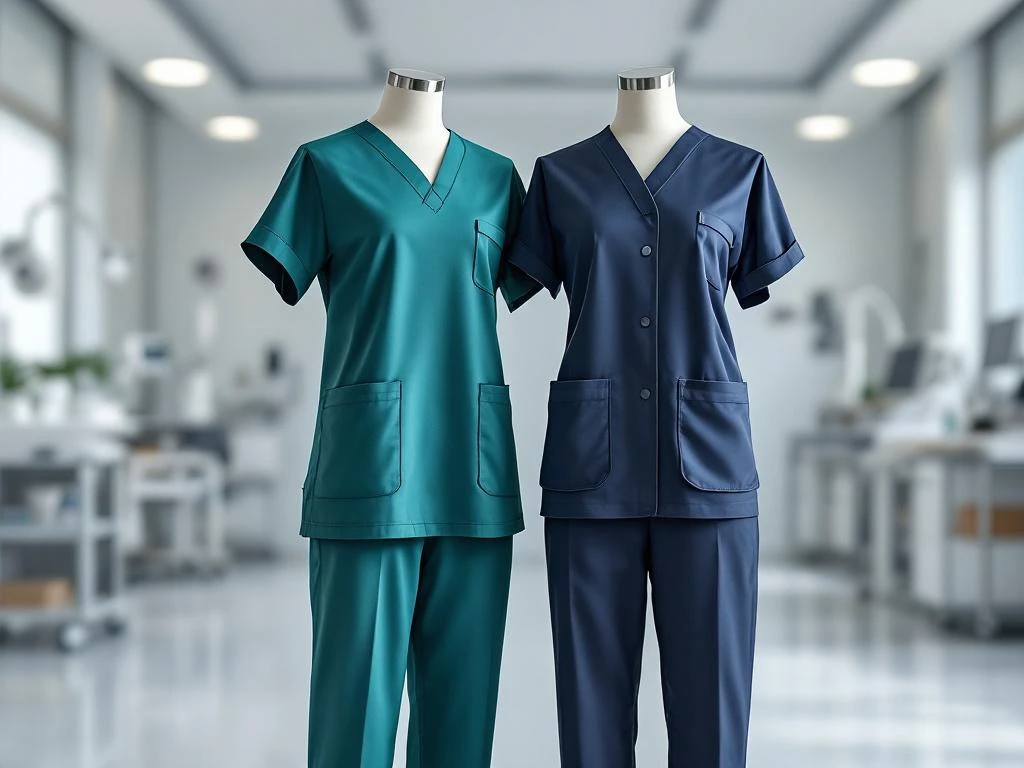 Twee verpleegkundige uniformen op paspop: teal en marineblauw scrubs met verschillende zakdetails in zorgomgeving