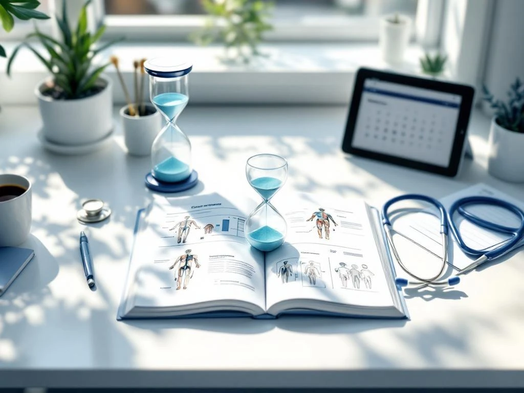 Zandloper met teal zand op verpleegkunde bureau met anatomie boek, stethoscoop en tablet met cursusmodules