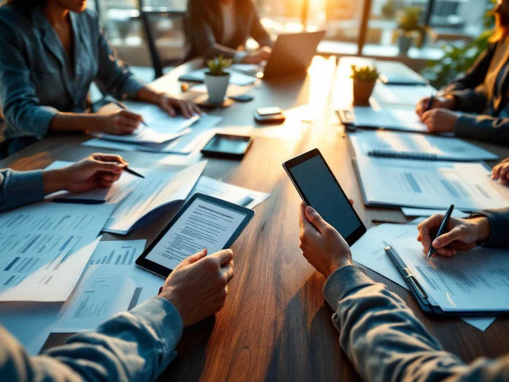 Diverse handen werken samen aan onboarding documenten en tablets op moderne conferentietafel met natuurlijk licht