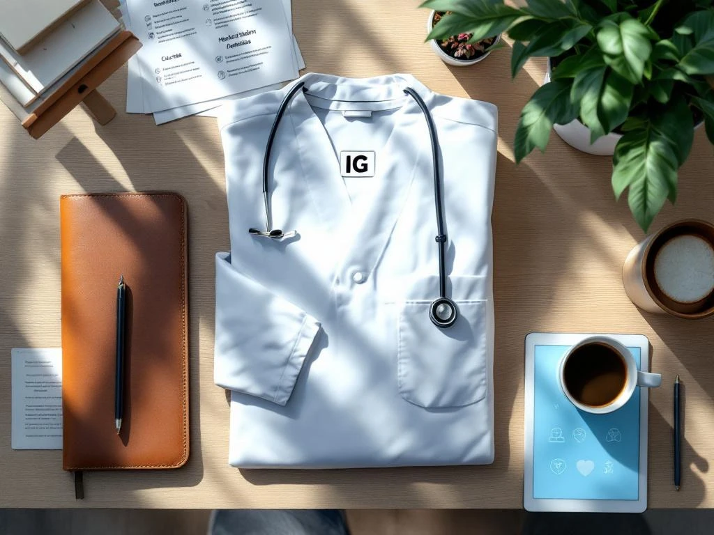 Zorgprofessioneel bureau met wit uniform, medische documenten, tablet en koffie in ochtendlicht