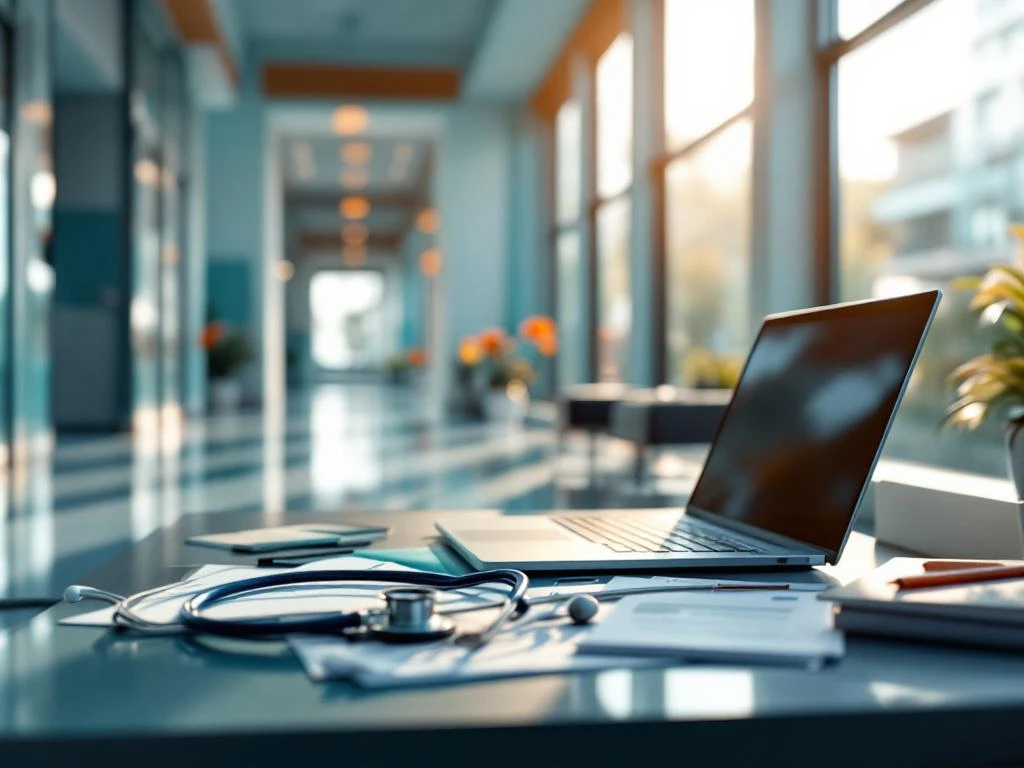 Medische werkplek met laptop, stethoscoop en trainingmateriaal op bureau in moderne ziekenhuisgang met natuurlijk licht