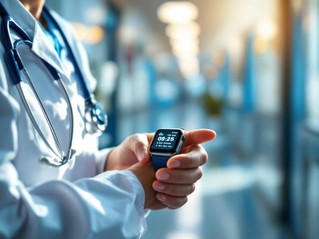 Zorgprofessional bekijkt dienstrooster op smartwatch in ziekenhuisomgeving met natuurlijk licht