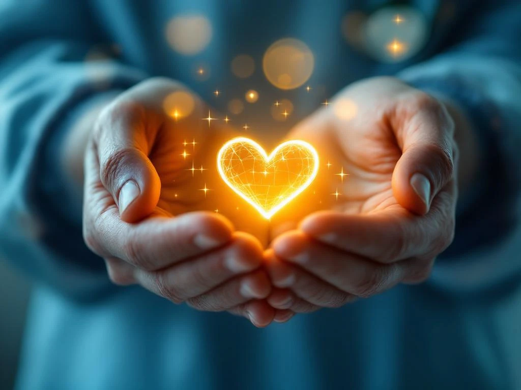 Zorgverlener houdt gloeiend hartsymbool in handen met medische apparatuur op achtergrond, symboliseert empathie in zorg