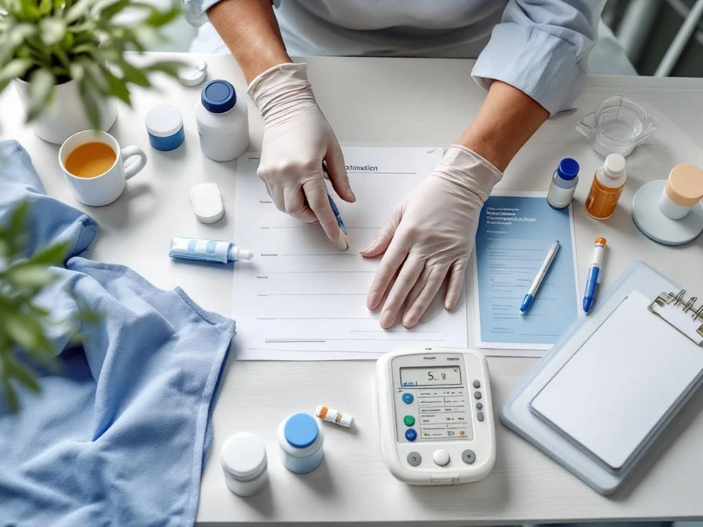 Handen in medische handschoenen verrichten professionele zorgtaken met steriele medische hulpmiddelen en documentatie