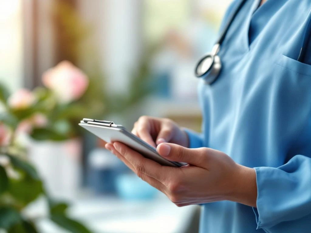 Zorgverlener houdt stethoscoop en medisch klembord vast, omringd door medische benodigdheden en plant in warm licht.