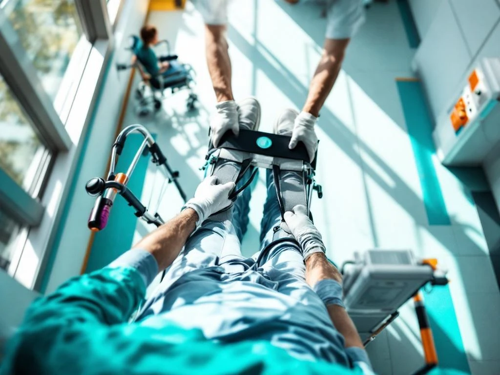 Zorgverlener helpt patiënt met loophulpmiddel in ziekenhuisgang met rolstoel en medische apparatuur zichtbaar