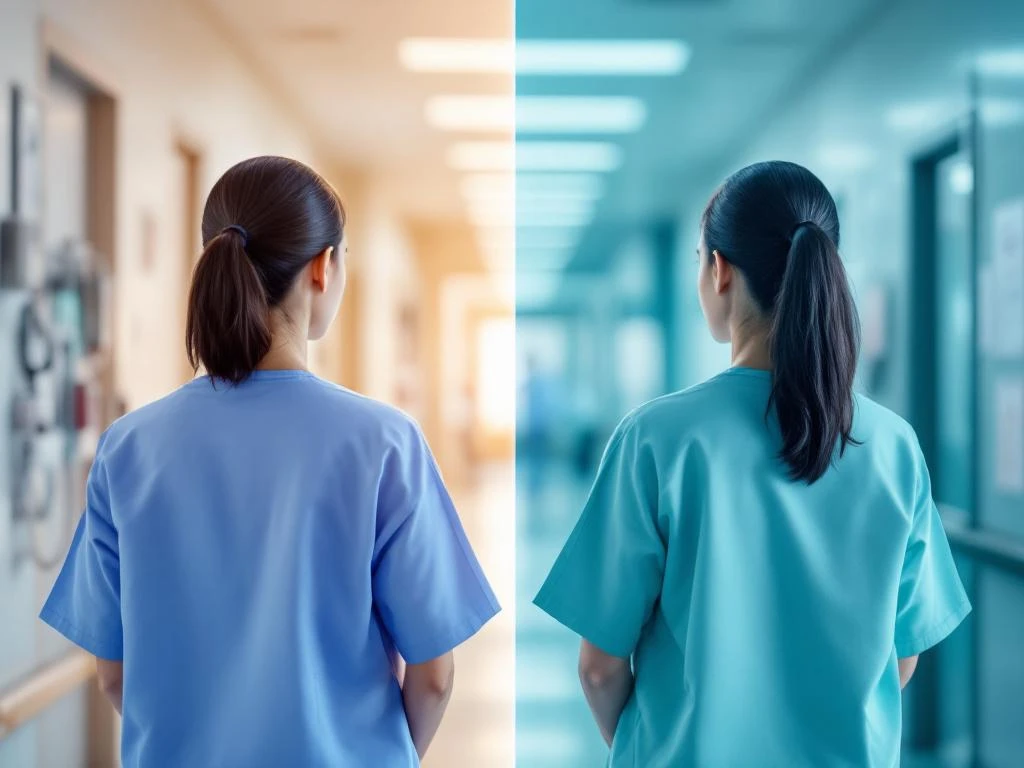 Twee zorgprofessionals in moderne zorginstelling, links basis zorg in warm licht, rechts klinische zorg in koel licht