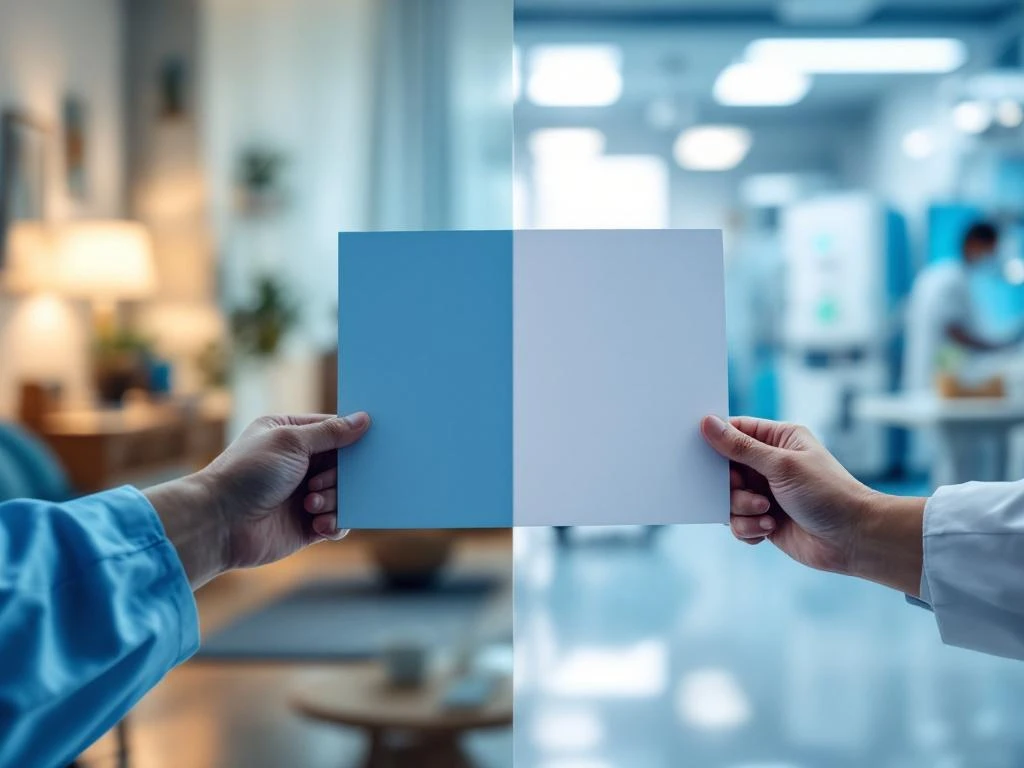 Vergelijking zorgomgevingen: huiselijke niveau 3 zorg links en klinische niveau 4 ziekenhuiszorg rechts met medisch personeel